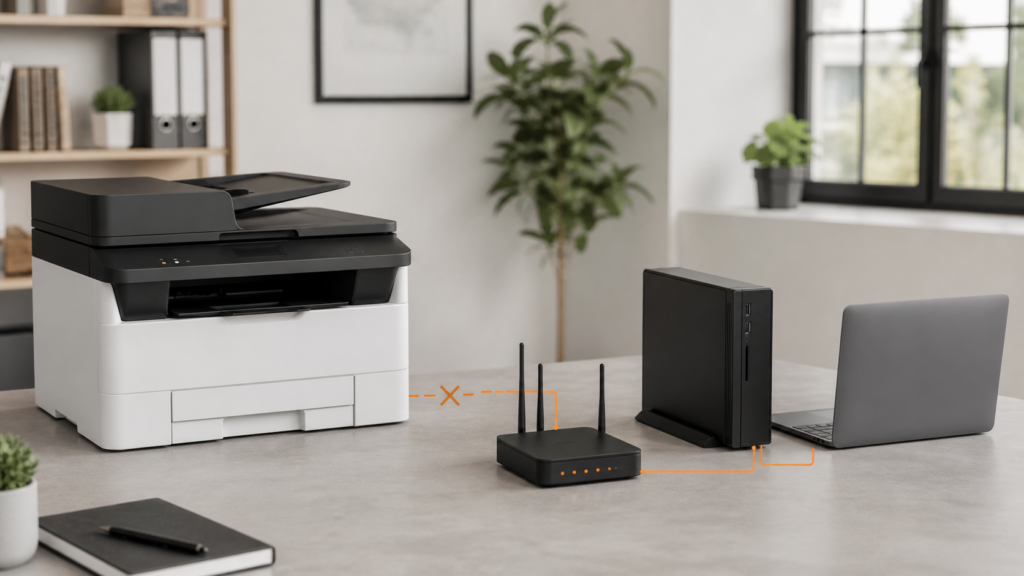 Netzwerkdrucker, Router, Windows-PC und Laptop mit unterbrochener Verbindung