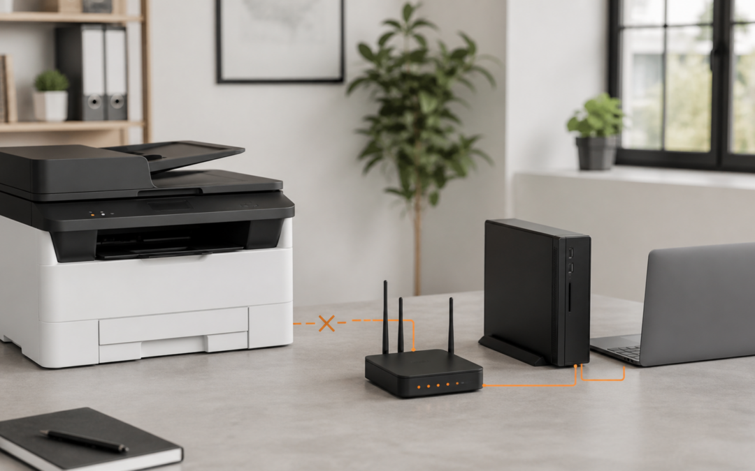 Netzwerkdrucker, Router, Windows-PC und Laptop mit unterbrochener Verbindung