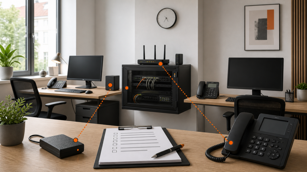 Leerer kleiner Büroarbeitsplatz mit Netzwerk, Backup, Telefon und geordneter Notfall-Checkliste