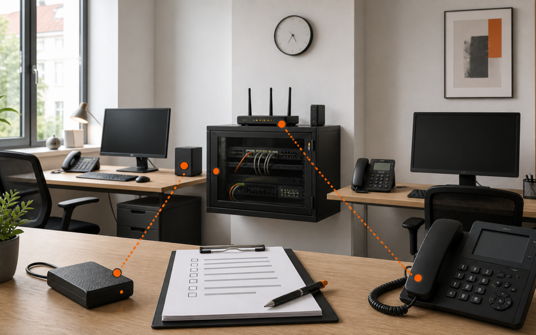 Leerer kleiner Büroarbeitsplatz mit Netzwerk, Backup, Telefon und geordneter Notfall-Checkliste