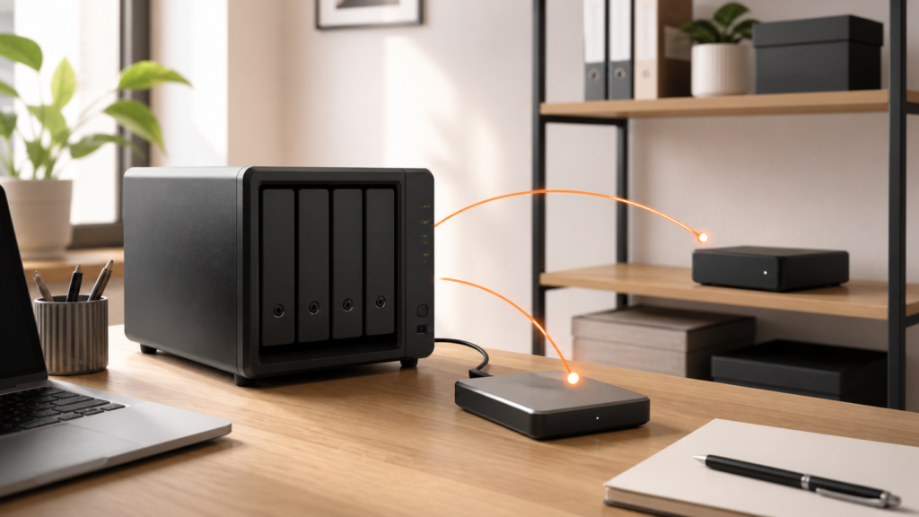 NAS-System mit zwei getrennten externen Sicherungszielen und orangefarbenen Datenwegen