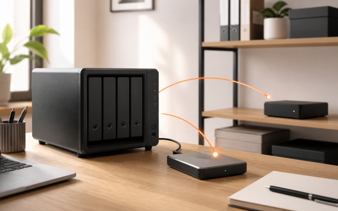 NAS-System mit zwei getrennten externen Sicherungszielen und orangefarbenen Datenwegen