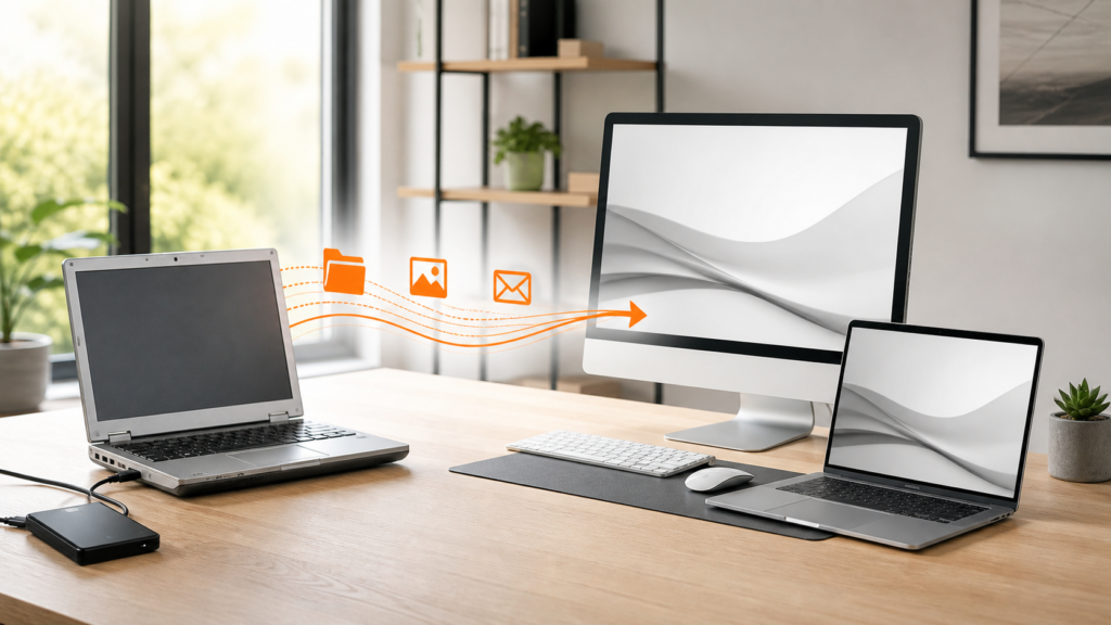 Alter Laptop und neue Computer mit geordneten Symbolen für Datei-, Foto- und E-Mail-Übertragung