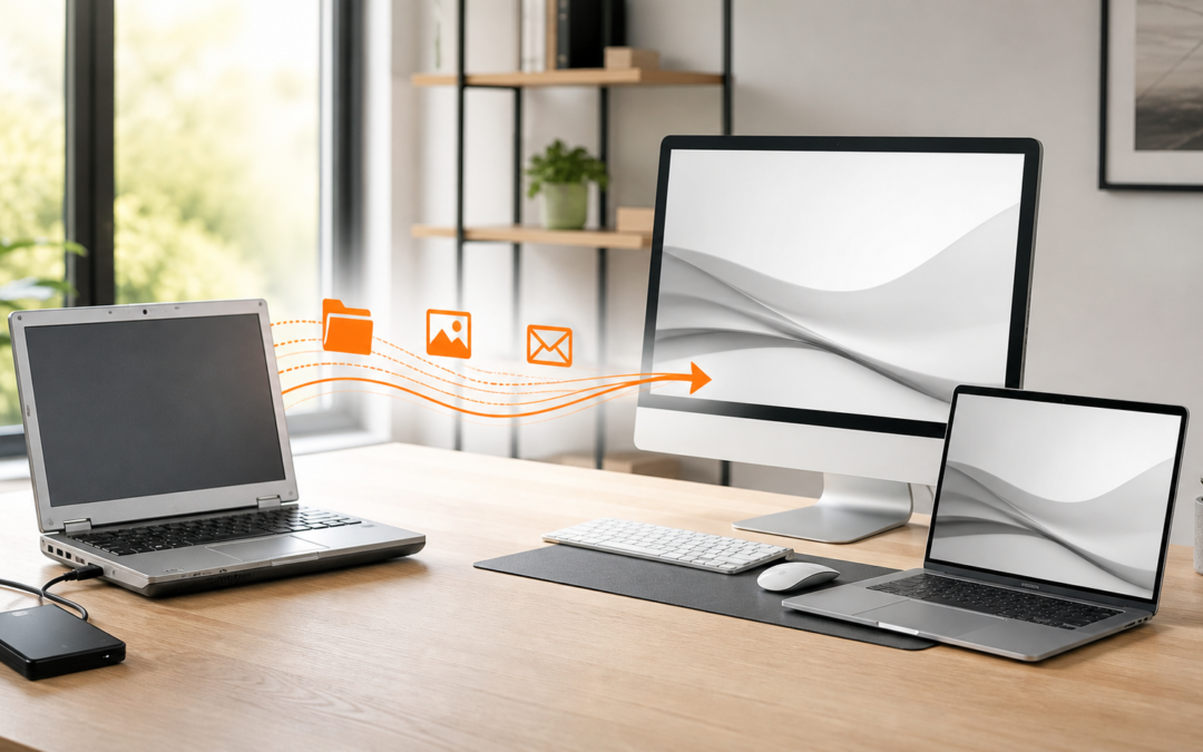 Alter Laptop und neue Computer mit geordneten Symbolen für Datei-, Foto- und E-Mail-Übertragung