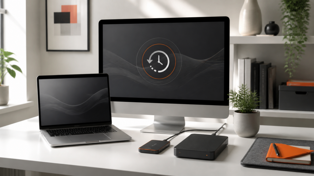 Mac-Arbeitsplatz mit externen Backup-Laufwerken und dezentem Sicherungssymbol