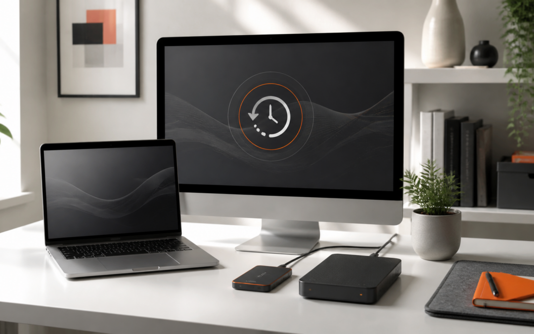 Mac-Arbeitsplatz mit externen Backup-Laufwerken und dezentem Sicherungssymbol
