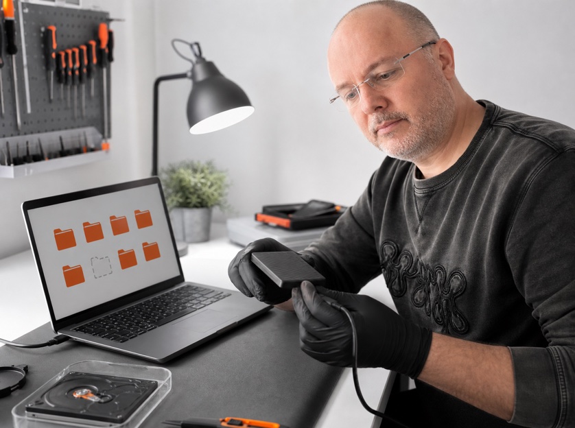 Thomas Karthe untersucht einen Datenträger nach versehentlich gelöschten Dateien