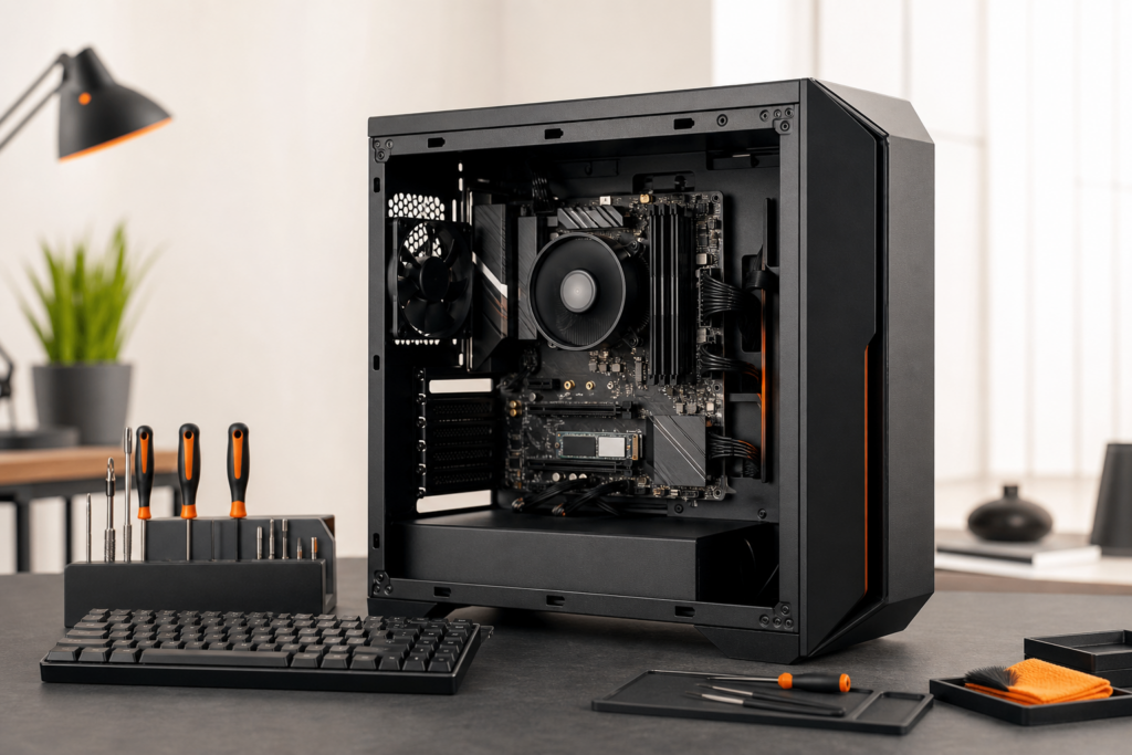 Geöffneter Desktop-PC für Windows-Support und Reparatur