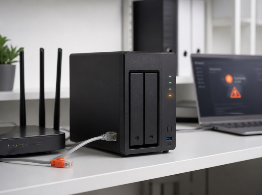 NAS-System mit Router, Netzwerkkabel und orangefarbener Statusanzeige
