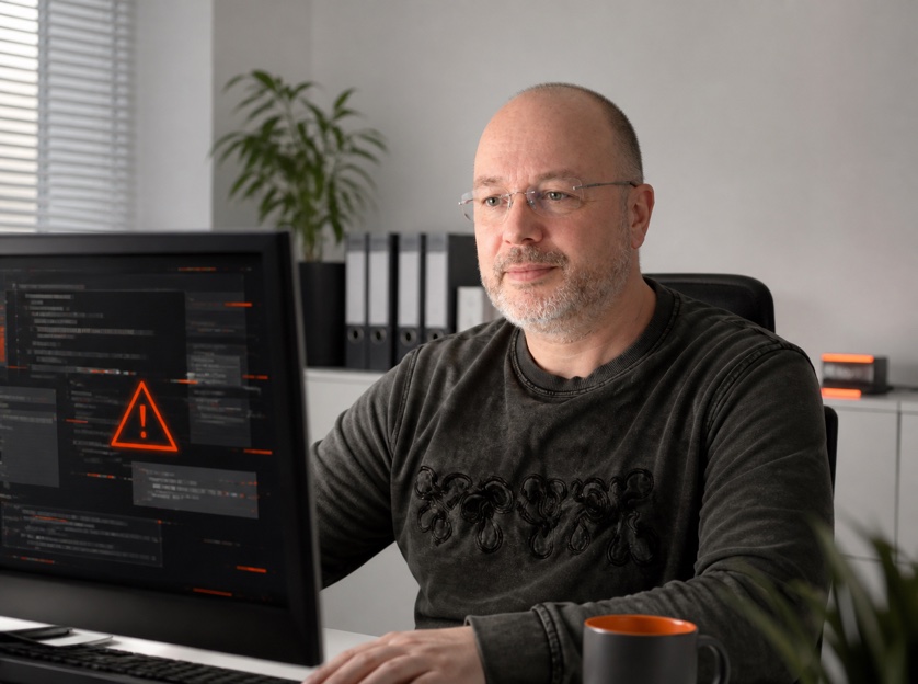 Thomas Karthe prüft konzentriert eine kompromittierte Website mit Warnanzeige