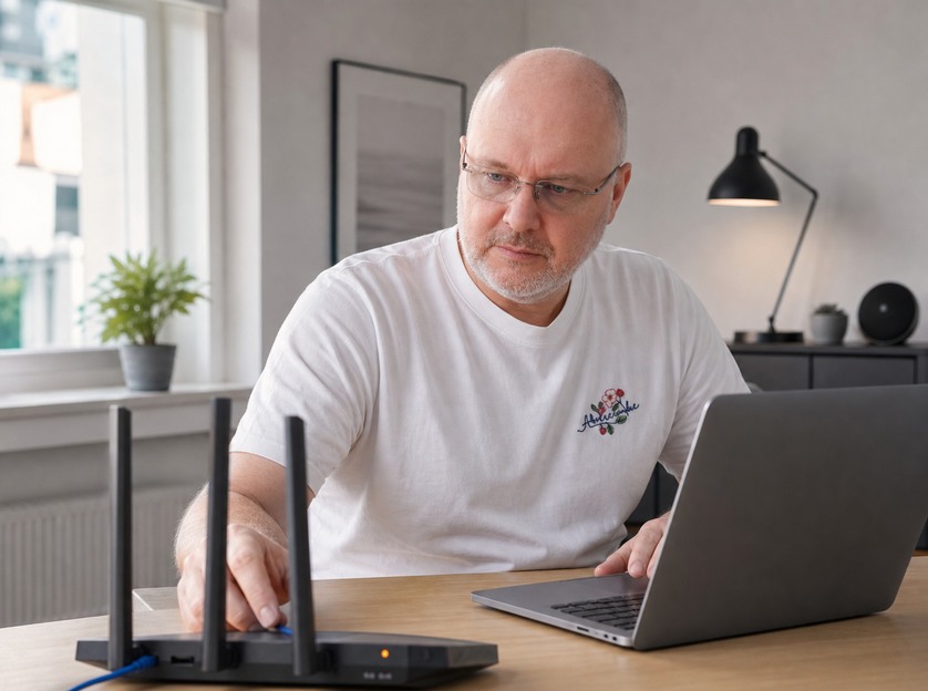 Thomas Karthe prüft im weißen T-Shirt einen WLAN-Router und die Netzwerkverbindung