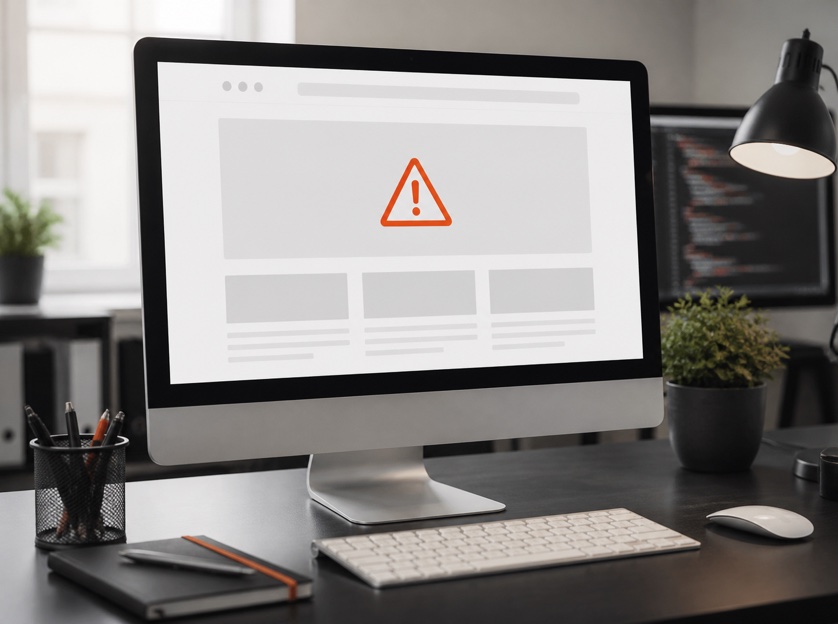 Monitor mit fehlerhafter Website und orangefarbenem Warnsymbol in einem Web-Arbeitsplatz
