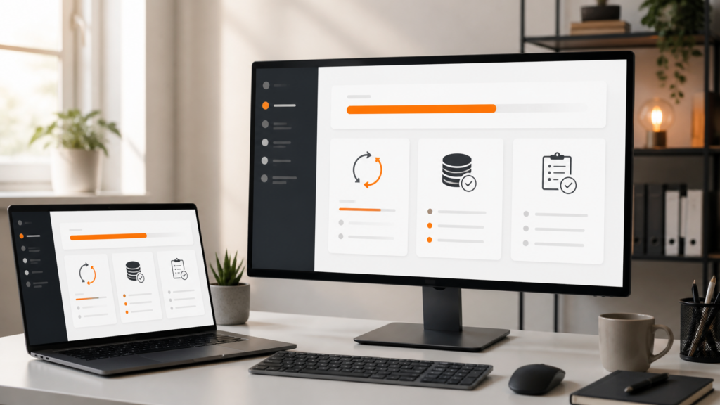Heller Web-Arbeitsplatz mit Ansichten für WordPress-Updates, Backup und Wartung
