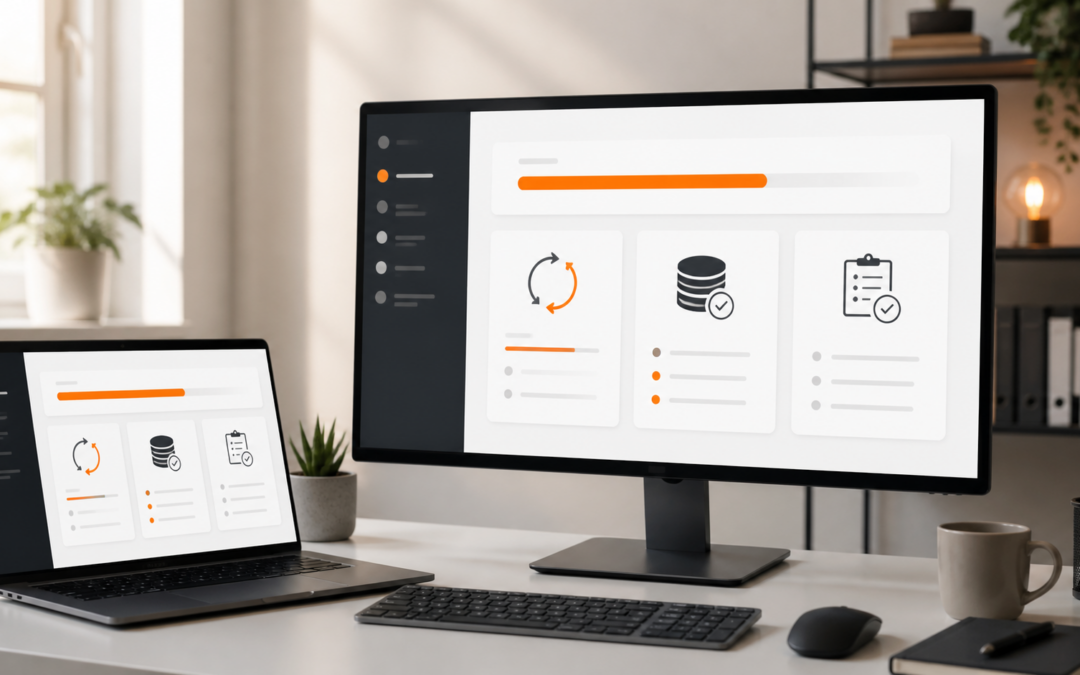 Heller Web-Arbeitsplatz mit Ansichten für WordPress-Updates, Backup und Wartung