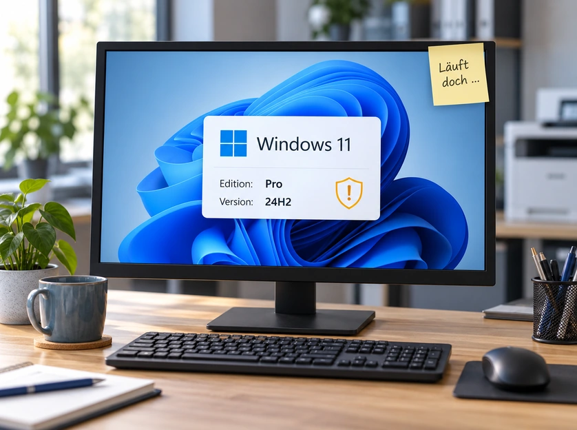 Bürocomputer mit Windows 11 Pro 24H2 und einem Hinweis zur Prüfung des Update-Supports.